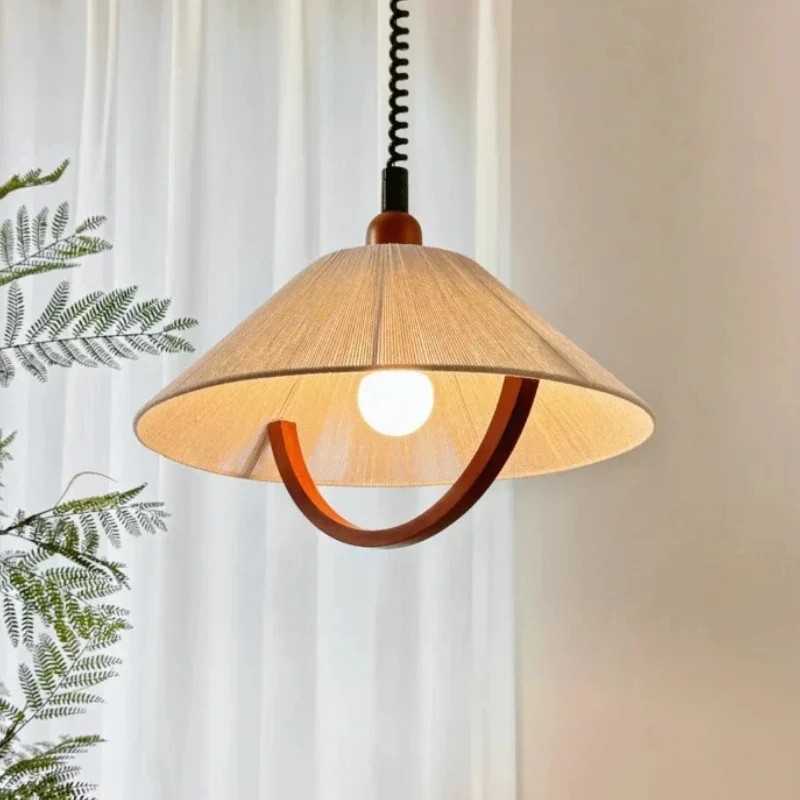 Wabi -sabi Pendant Light Wood Retractable Chandelier Cotton Rope Shade Kitchen Island Hanging Lamp for Dinning Room Home Decor