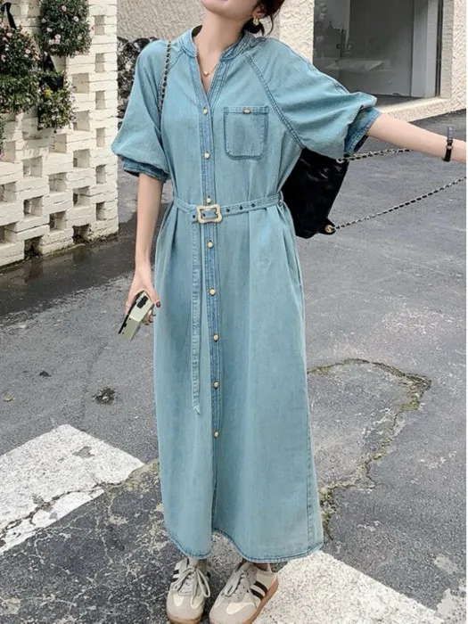 Retro Hong Kong Sle Light Wa Denim Dr Women's Summer 2025 New Waist-Cinching Slimming High-End Feeling irt Long Dr