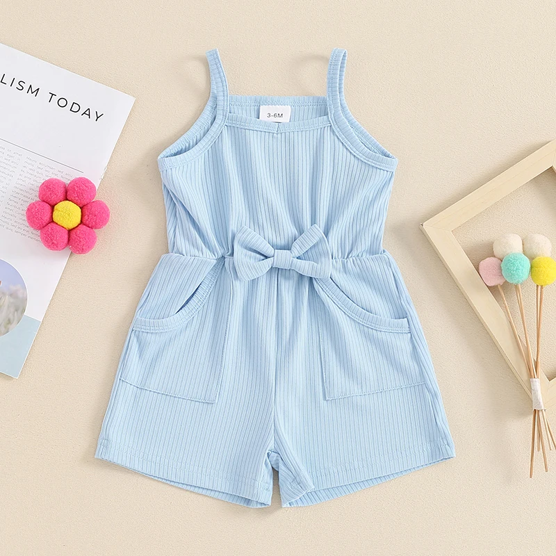 

Baby Girl Summer Suspender Bow Pit Stripe Jumpsuit Sleeveless Square Neck Solid Color Jumpsuit For Preschool Children