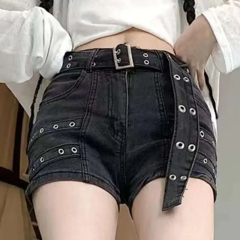 Vintage preto oco para fora com cinto feminino fino ajuste calças jeans hotsweet streetwear estilo jeans curtos verão