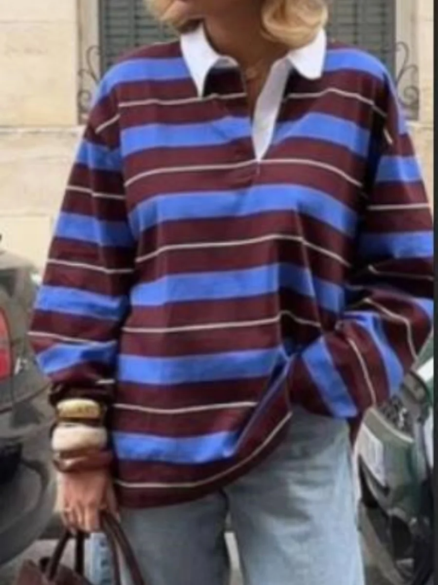 المرأة مخطط الرجبي Pol o قميص المتضخم خمر كم طويل البلوز قمم بلوزات Preppy