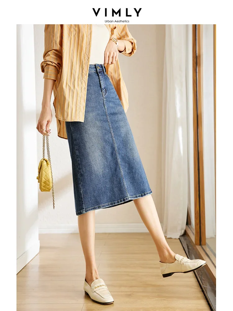 Vimly Korean Style Split Denim Skirts for Women Office Lady 2023 Spring Summer Vintage Classic Straight Midi Jean Skirts 70707