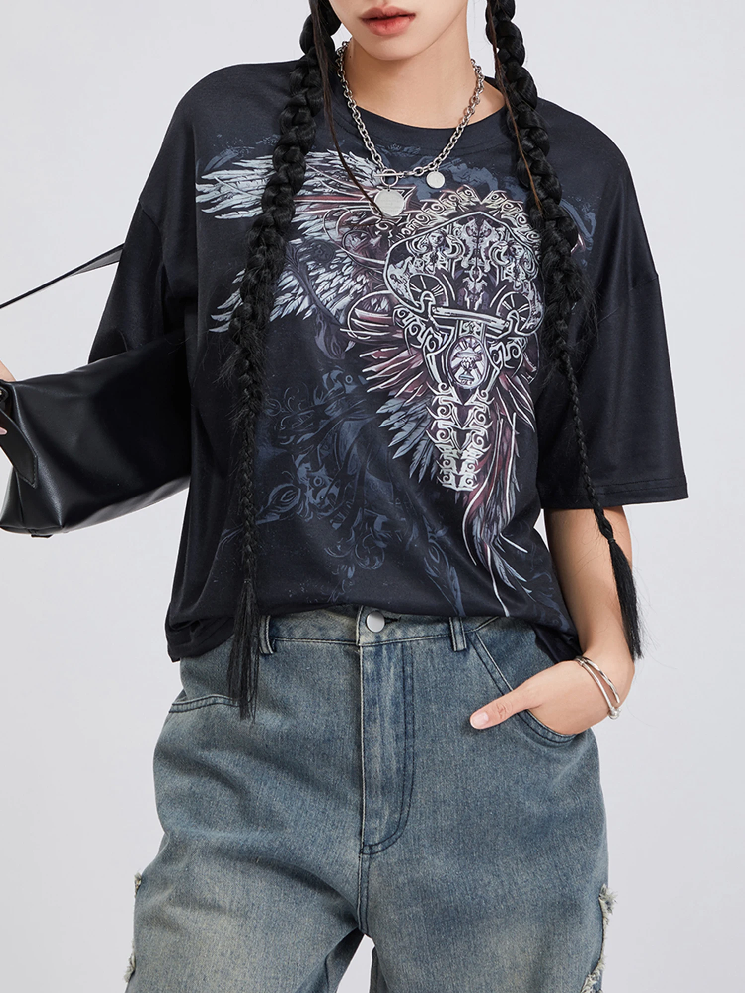 Wsevypo Vintage Cross Wing Print lose T-Shirt Frauen Gothic Sommer Tops Kurzarm Rundhals Pullover Punk Streetwear T-Shirts