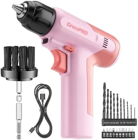 

GRENPRO 7.2V Cordless Drill Set - 23pcs Accessories, LED Light, Type-C Charging, Pink Power Drill for DIY
