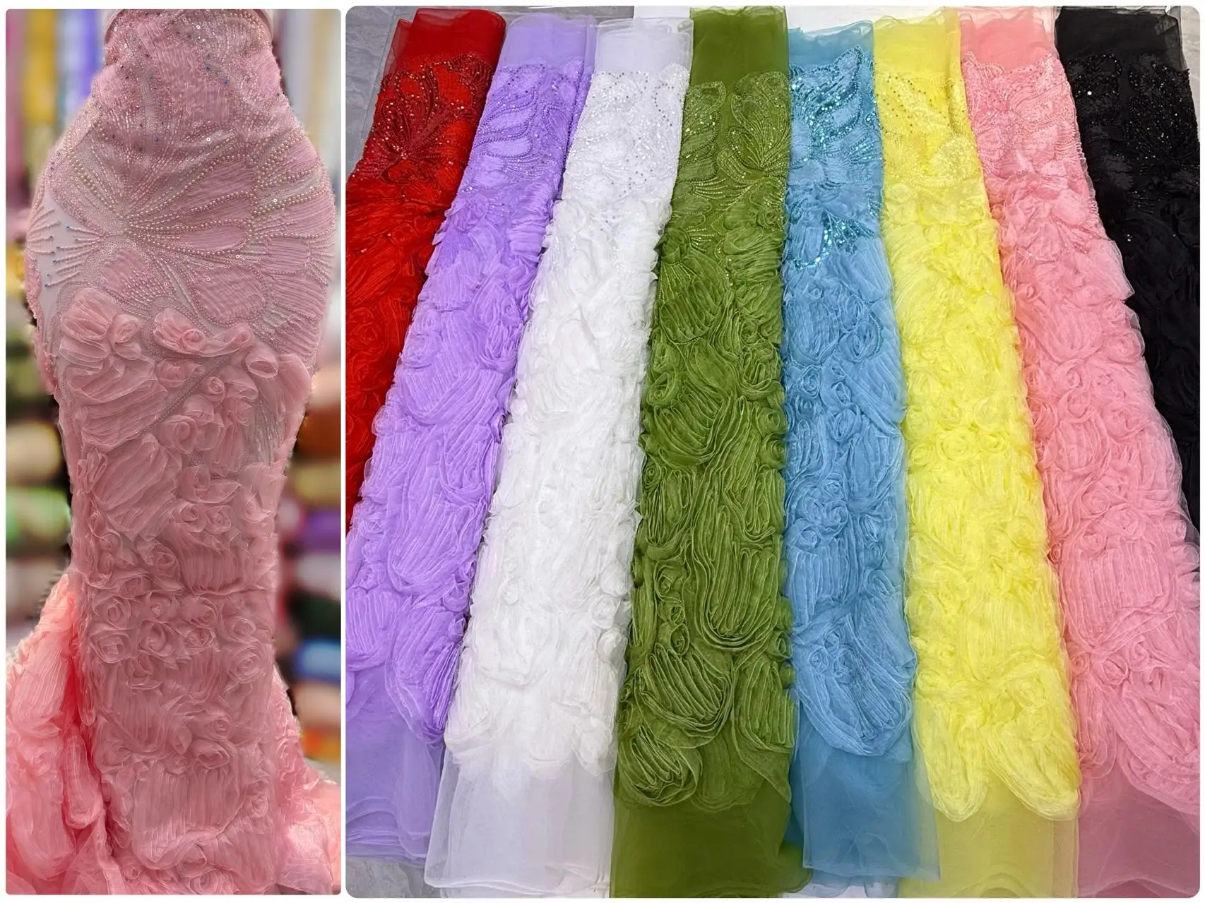 

African & Japanese Lace Fabric Per Meter,5Yard Pink Mesh Tulle Fabrics With Sequin & Beaded, Suitable For Wedding Dresses Design