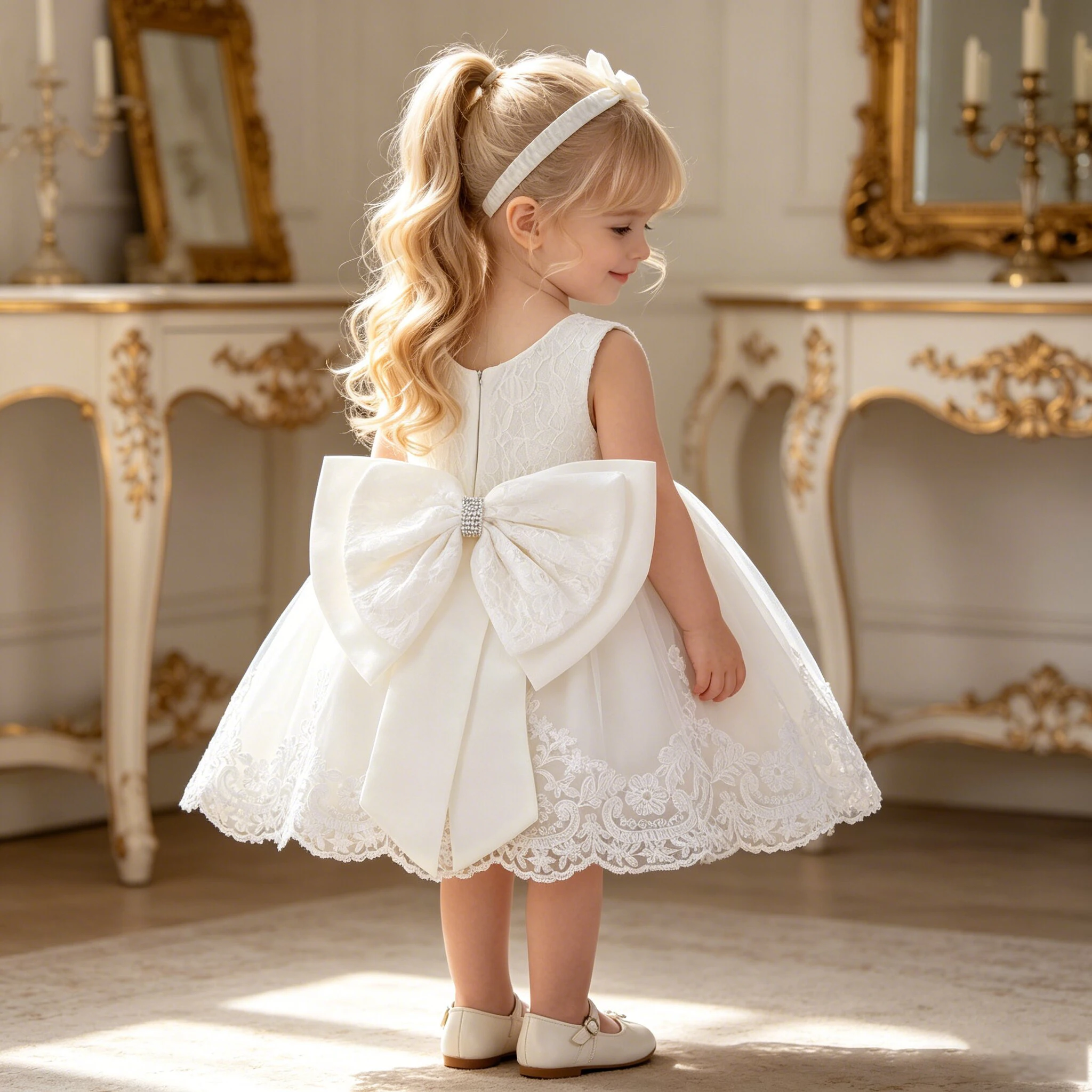 Kleinkind Festliches Kleid mit Großer Schleife für Mädchen Taufkleid 1. Geburtstag Prinzessinnenkleid Baby Spitzenkleid für Hochzeit Brautjungfern Weihnachten Abendkleid