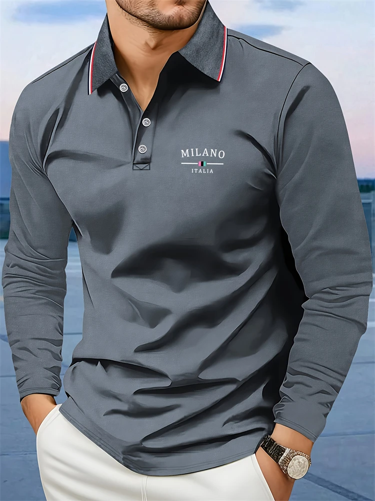 Men's Autumn Collared Polo Shirt Long-Sleeve Polo with Minimalist Stripe and Letter Print Suitable for Business Casual and Golf - view 2