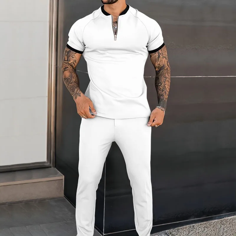 European and American summer popular men\'s short-sleeved trousers suit slim and trendy youth casual sports suit