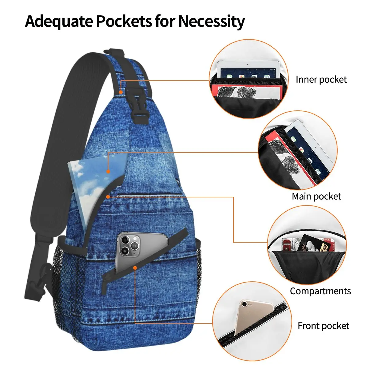 Denim Jeans Tartan Moda Pequeno Sling Bag Peito Crossbody Sling Ombro Mochila Caminhadas Mochilas De Viagem Saco De Moda