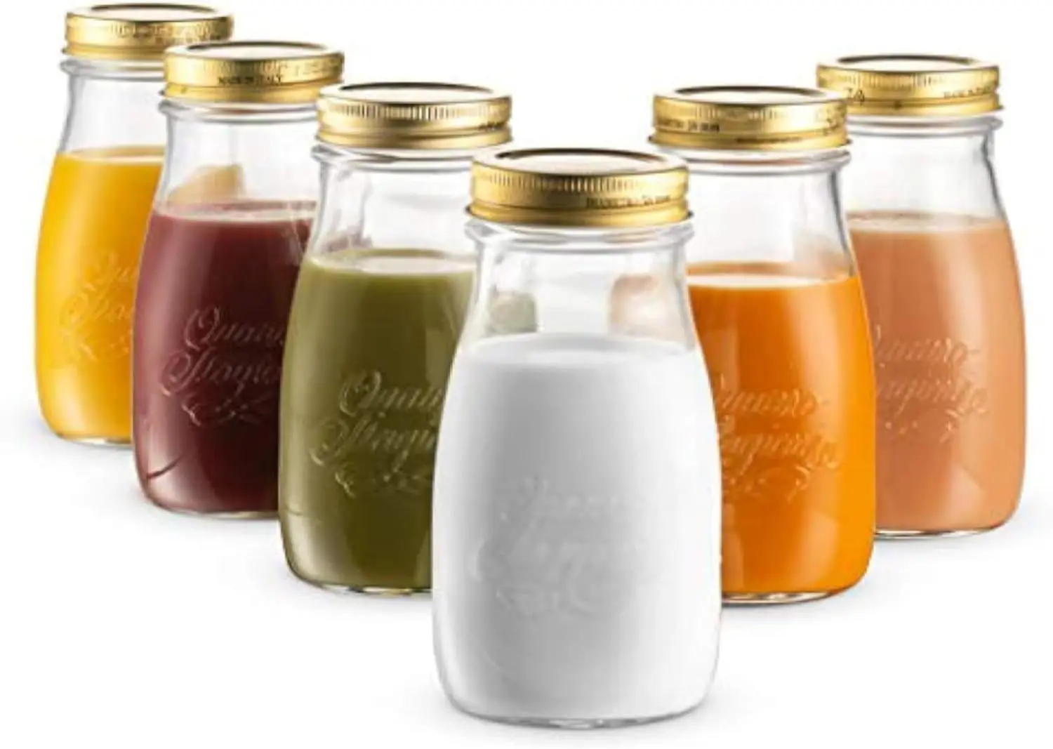 

Quattro Stagioni Small Bottles (Set of 6) - 6.75 Oz. Embossed Reusable Glass Jars with Airtight Lid, For Food Prep, Sauces, G