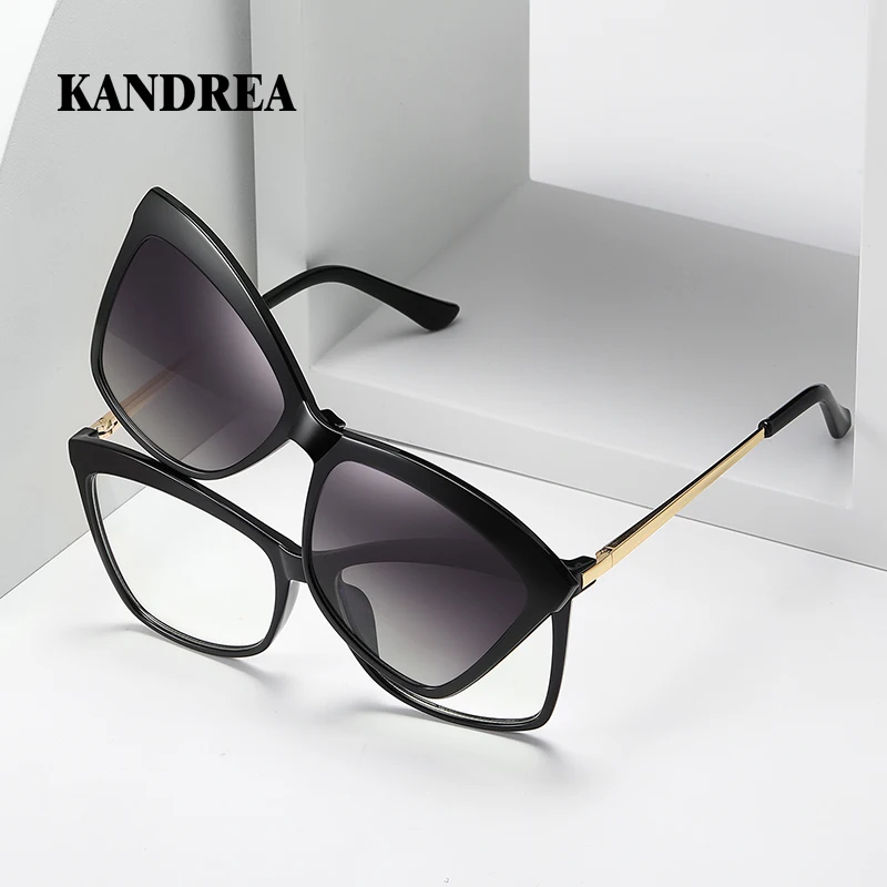 KANDREA Metal Cateye Magnetic Clip Polarized Sunglasses Women Fashion Large Frame Anti-blue Light Glasses Vintage Eyewear 95656