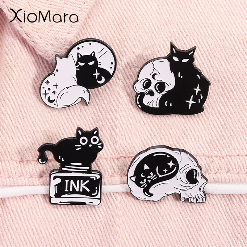 

Gothic Punk Luna Black Cat With Skull Enamel Pin Moon Phases Witchy Halloween Brooches Lapel Badge Jewelry Gifts For Friends
