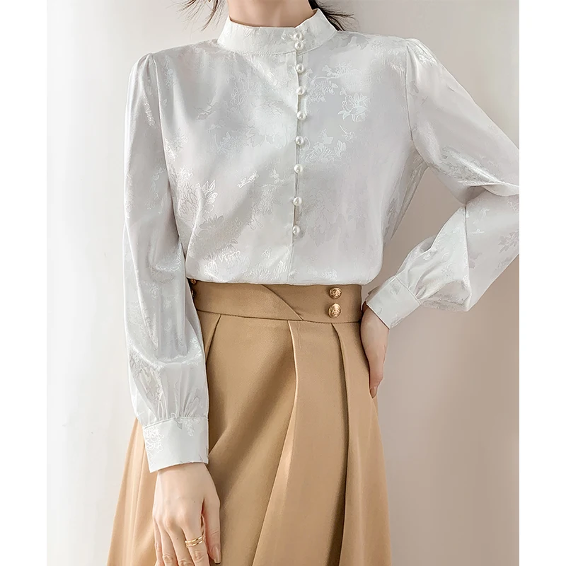 New 2024 Spring Women Shirts & Blouses Beading Long Sleeve Chiffon Blouse Women Chinese Style Elegant Woman White Top Mujer