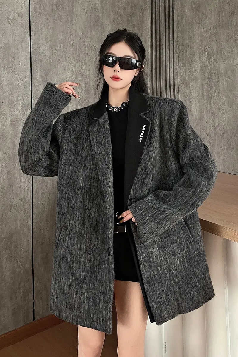 

Insozkdg Winter Double Collar Spliced Wool Suit Jacket for Women New High end Thick Gray Loose Casual Blazers Women Clothing