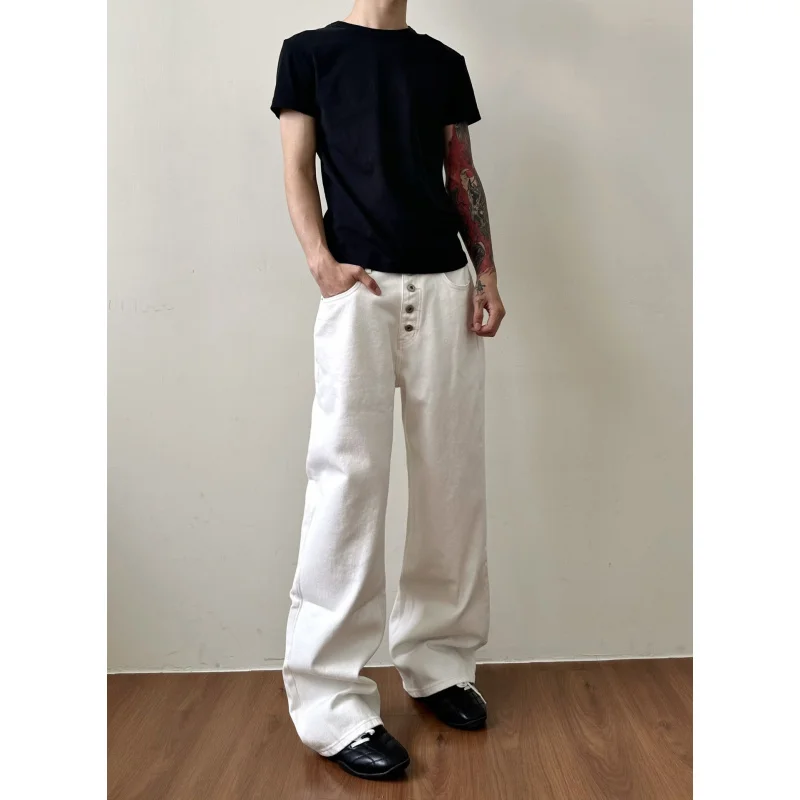 ملابس رجالية من EME باللون الأبيض الصلب بتصميم كلاسيكي بأزرار معدنية مستقيمة وفضفاضة #5