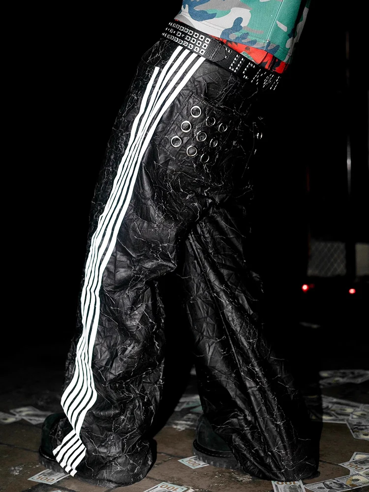 Mauroicardi Spring Autumn Long Black Pu Leather Wide Leg Pants for Mens with Side Stripes Hollow Out Luxury Emo Streetwear 2025