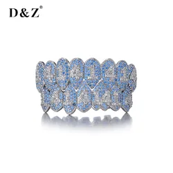 D&Z New Teeth Grillz Prong With Bling AAA Cubic Zircon Silver Color Eight Top & Bottom Vampire Grills Set For Hip Hop Gift
