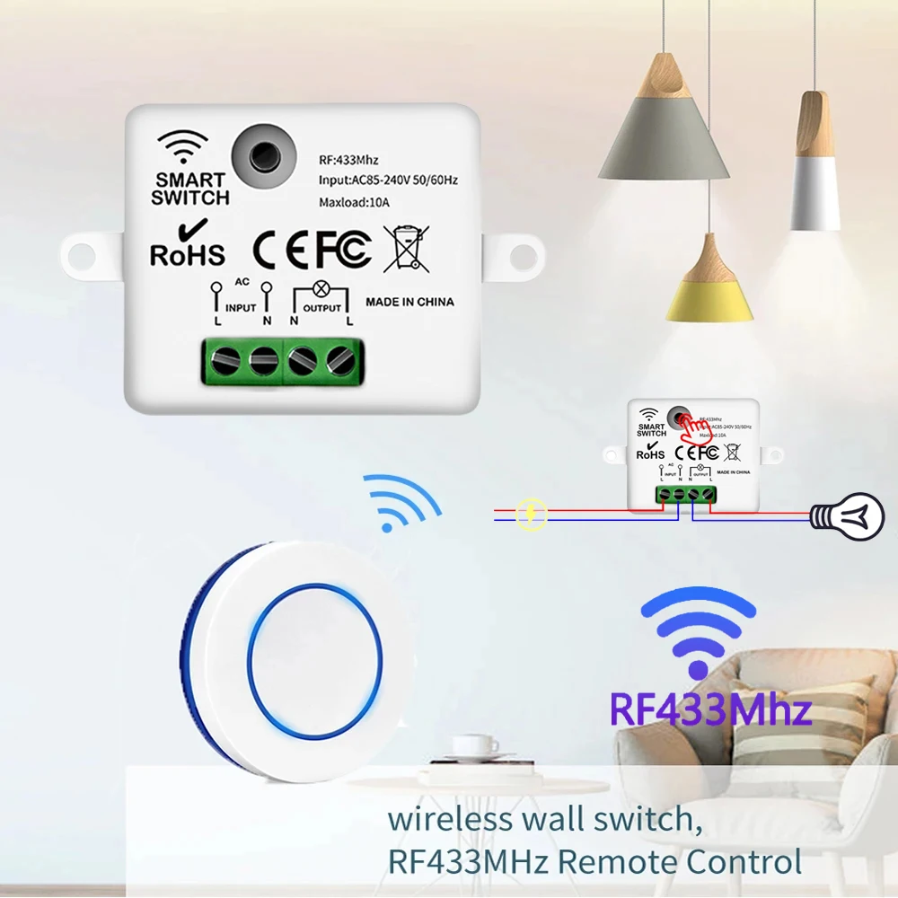 RF 433MHz Wireless Light Switch AC 220V 110V 10A Relay Breaker Remote Control Mini Module Wall Smart Switch for Home LED Lamp
