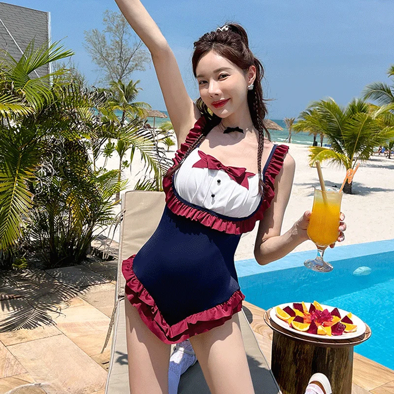 Lolita Cute Anime Maid Girl Cosplay Swimwear Japanese School Sukumizu Sweet Bowknot Backless Ruffle Swimsuit Beach Bathing Suits