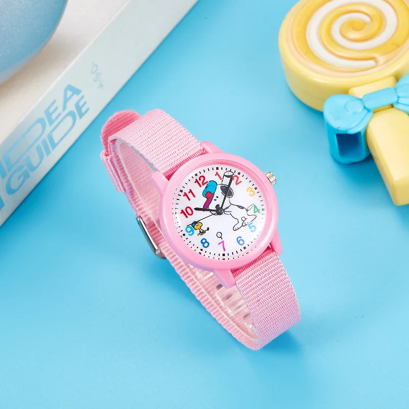 Cute Snoopy Watch Colorful Canvas Strap Analog Wristwatch Kawaii Round Dial Hand Winding Time Accessory Decorative Wrist Watches