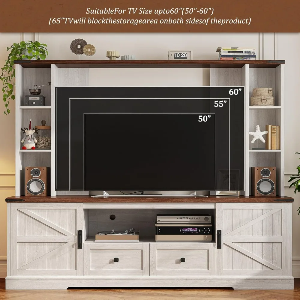 مركز ترفيه كبير مثبت على الحائط على طراز المزرعة مع إضاءة LED ومنافذ طاقة لـ 60 تلفزيونًا #4