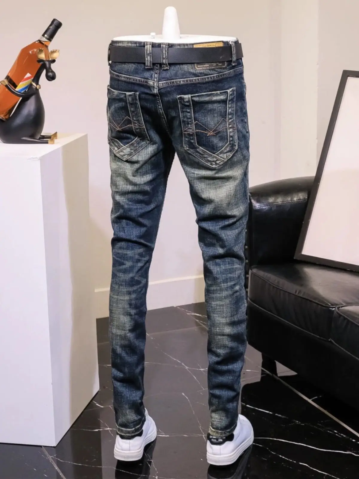 Moda estilo coreano vintage remendado rasgado fino ajuste jeans para homens remendos casual primavera outono calças jeans roupas de grife