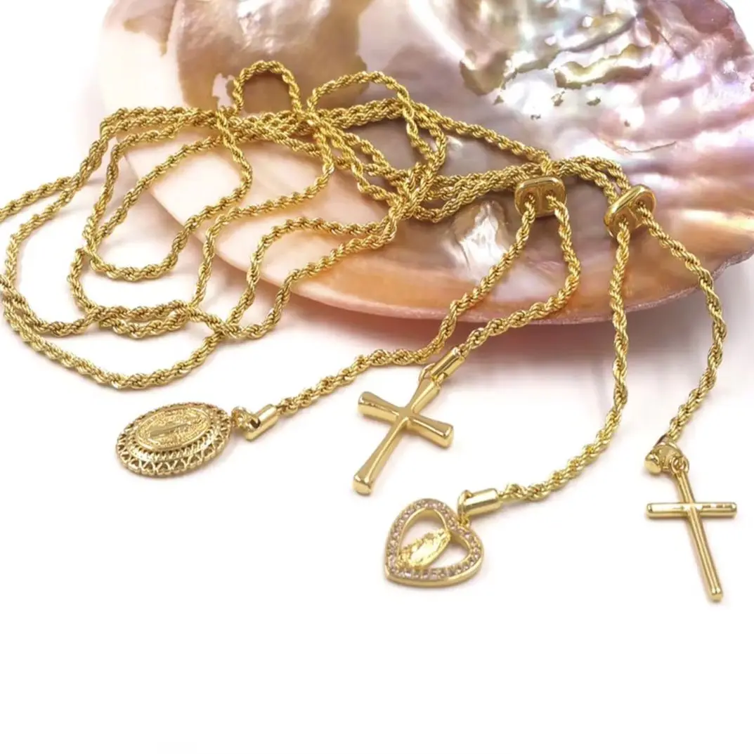 

WT-JFN53 Classic Religious Cross&Heartshape Brass And Zircon Paved Charms Pendant 90cm Adjustable Unisex Chain Necklace