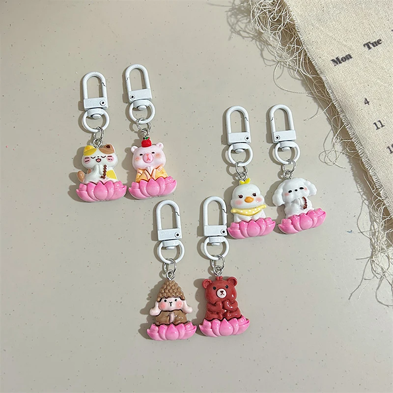 Cartoon Animal Lotus Keychain Cute Girly Keyring Car Key Chain Lovely School Bag Pendant Backpack Hanging Decoration Gifts