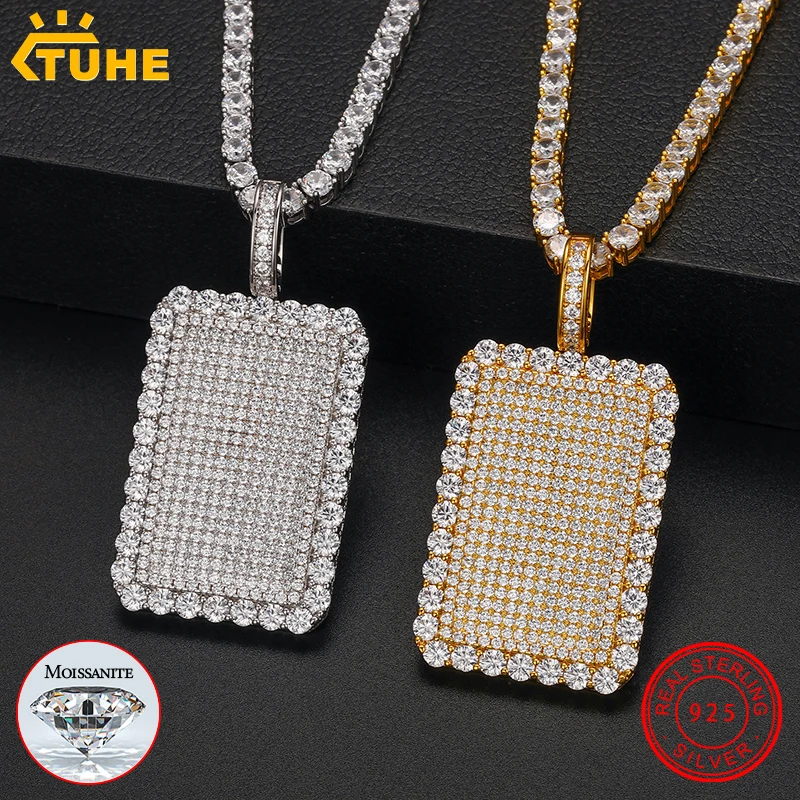 Fine Square Hang Tag Moissanite Pendant Necklace For Men Hip Hop Jewelry With 925 Sterling Silver Tennis Chain