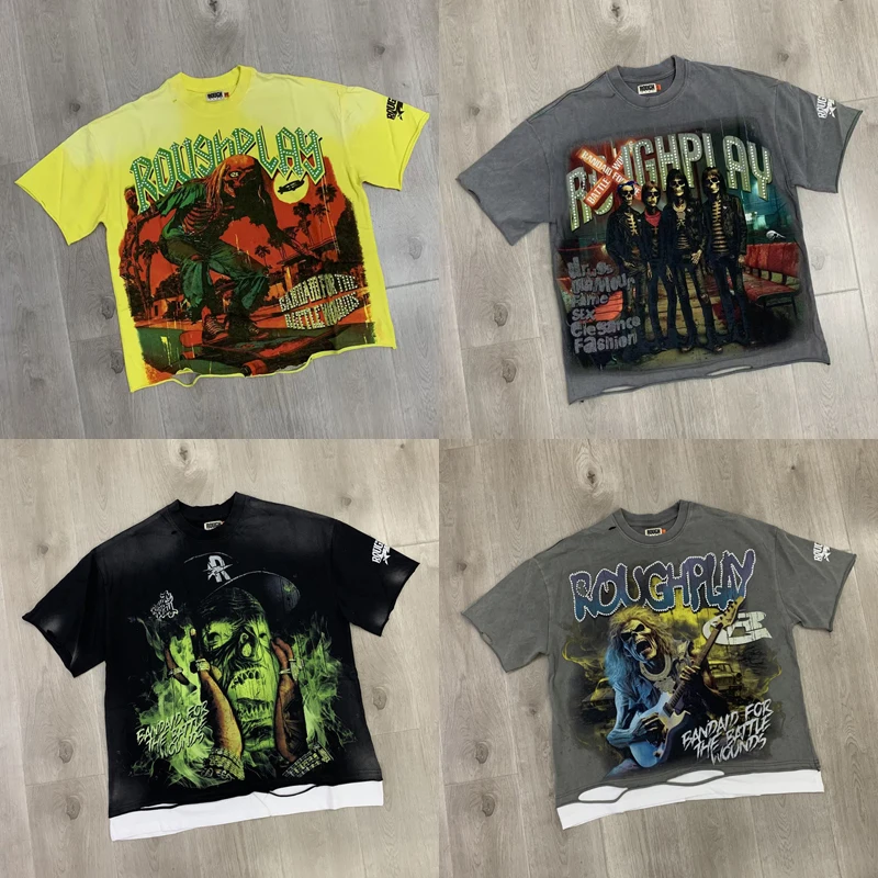Authentic Shooting Trendy High Street Hip-hop Retro RUGH PLAY Tops Tee High Quality Cotton Casual Versatile Rugh Play T-shirts