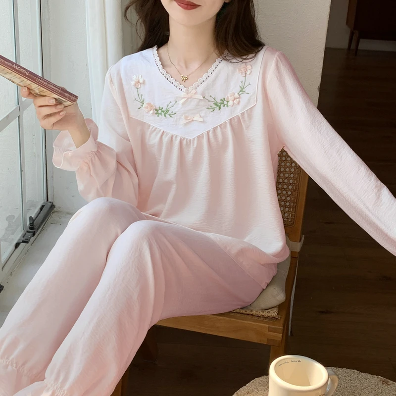 Autumn Two Piece Women\'s V-Neck Sweet Home Clothes Lace Long Sleeve Pajama Trousers Set Casual Women\'s Pink Bow Cute Pajama Set