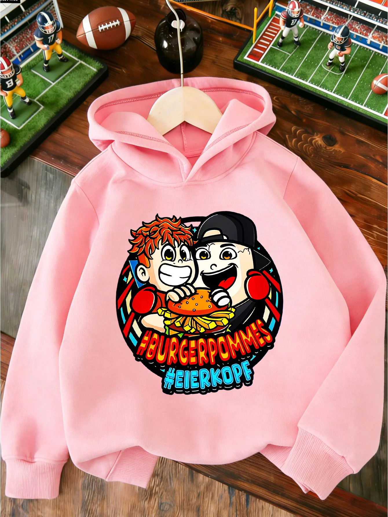 Quirky, sporty-style boys' sweatshirt; trendy girls' hooded sweatshirt featuring a cartoon hamburger and french fries print.