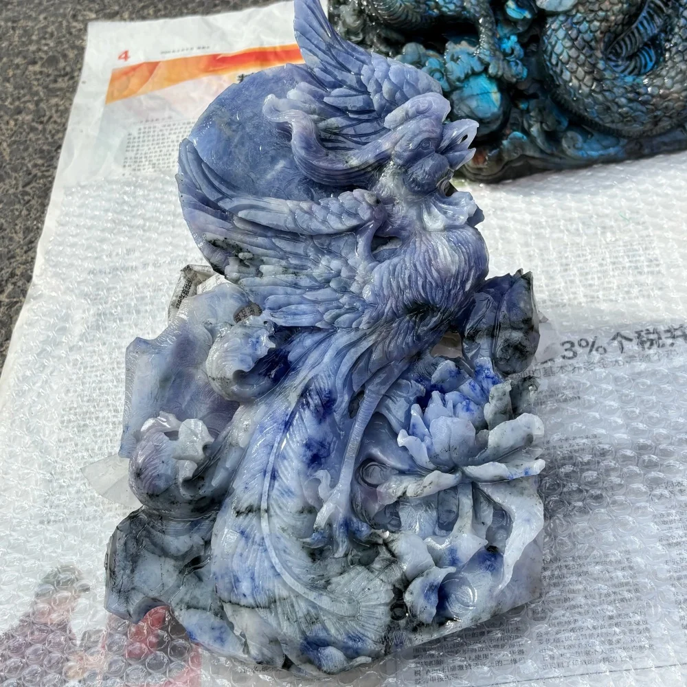 Natural Blue Calcite Phoenix Peony Flower Carving, Hand Carved Crystal Phoenix Statue, Large Crystal Sculpture, Home Decor