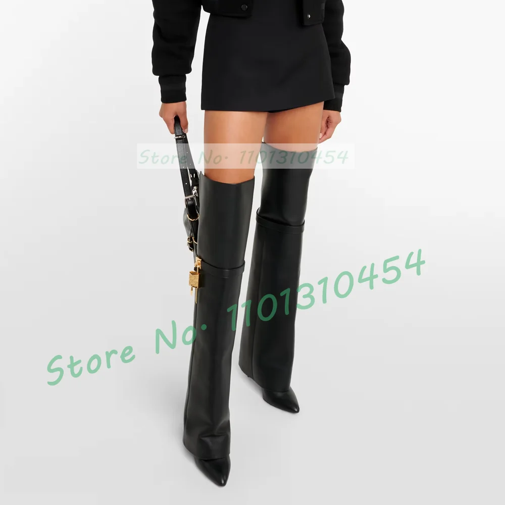 Stiletto Over Knee Boots With Gold Lock Women Trending Pointy Toe Leather Modern Boots Female High Heels Belt Buckle Long Shoes