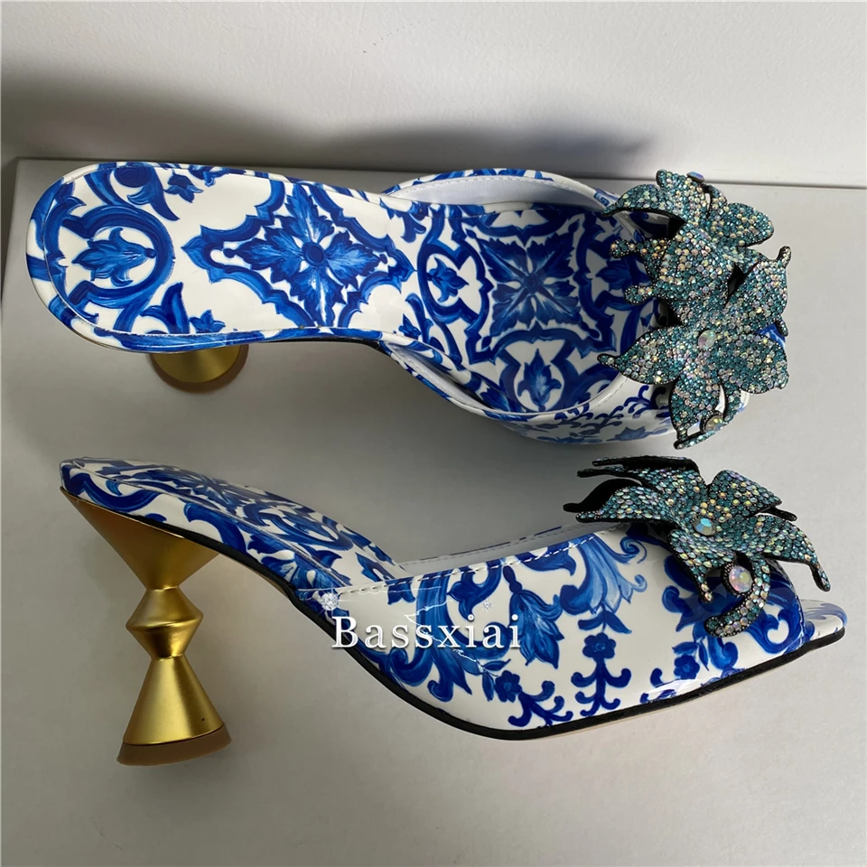 Unique Print Real Leather Modern Sandals Women Metal Strange Heel Crystal Rhinestone Flower Slingbacks Mules Summer