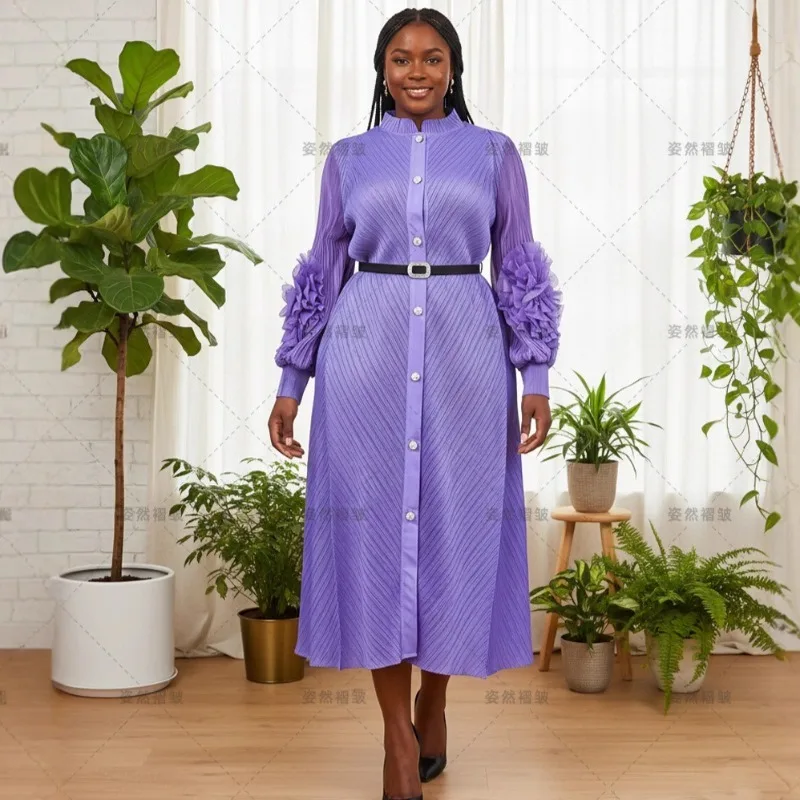 Miyake  Africa Plus Size Temperament Women's Dress Pleated Long Sleeve Single Breasted Shirt Straight Long Dress Europe America