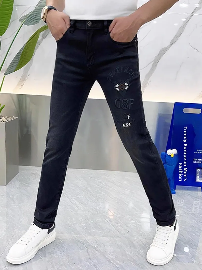 

Модные мужские джинсы с вышивкой, зауженные, черные, узкие брюки, осенние, молодежные, трендовые, китайский бренд