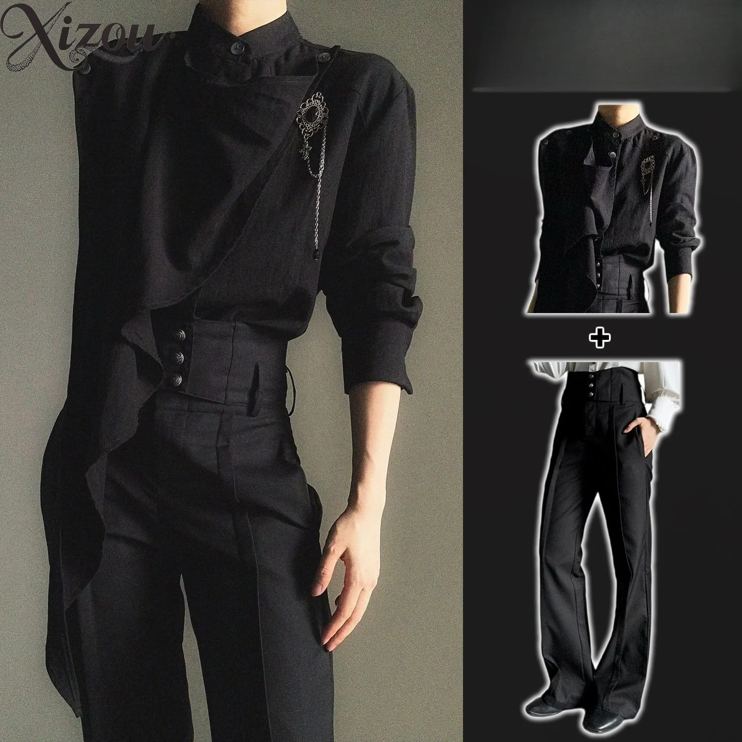 Two Piece Outfit Irregular Draped Long Sleeve Shirt High Waist Flare Pants Vintage Dark Gothic Unisex Suit Spring Summer 2026