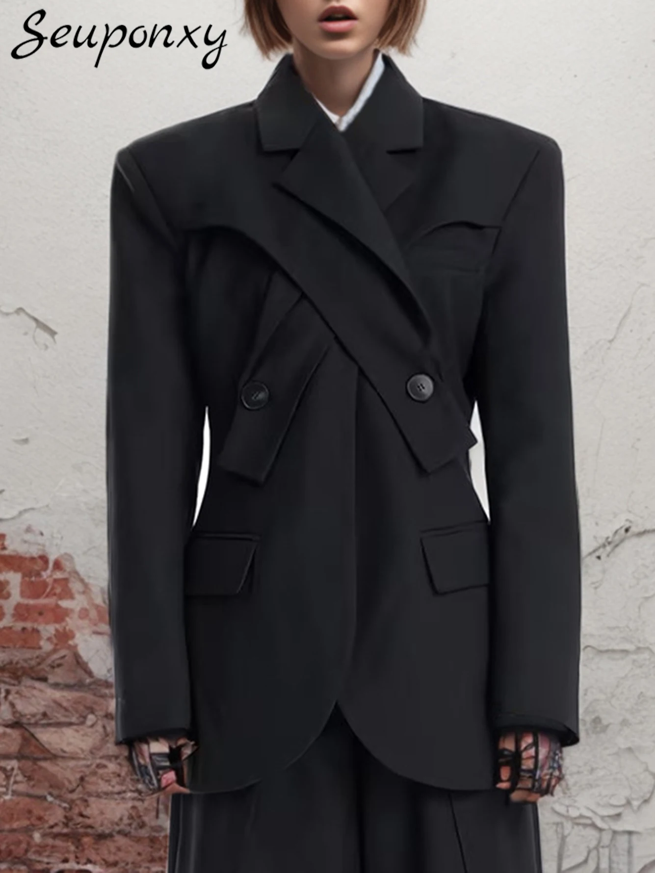 

High Quality 2024 Autumn/Winter New Black Irregular Cross Collar Women's Blazer Sexy Long sleeved Fashion Street Slim Blazer