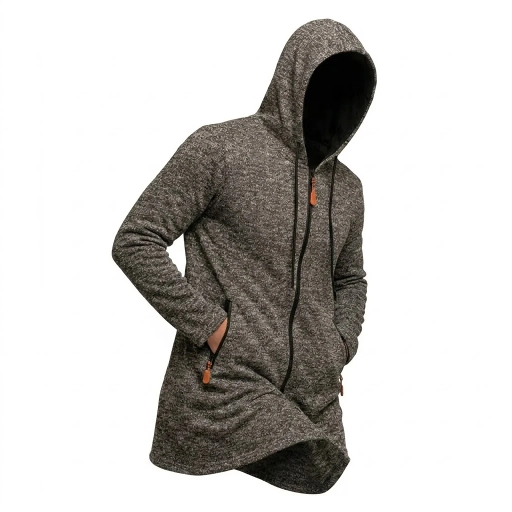 Neue Herren-Kapuzenjacke mit Reißverschluss, thermisch, winddicht, lässiger Fleece-Sweatshirt, Reißverschlusstaschen, langer Mantel für Outdoor-Aktivitäten, mit Kapuze – Detail 12