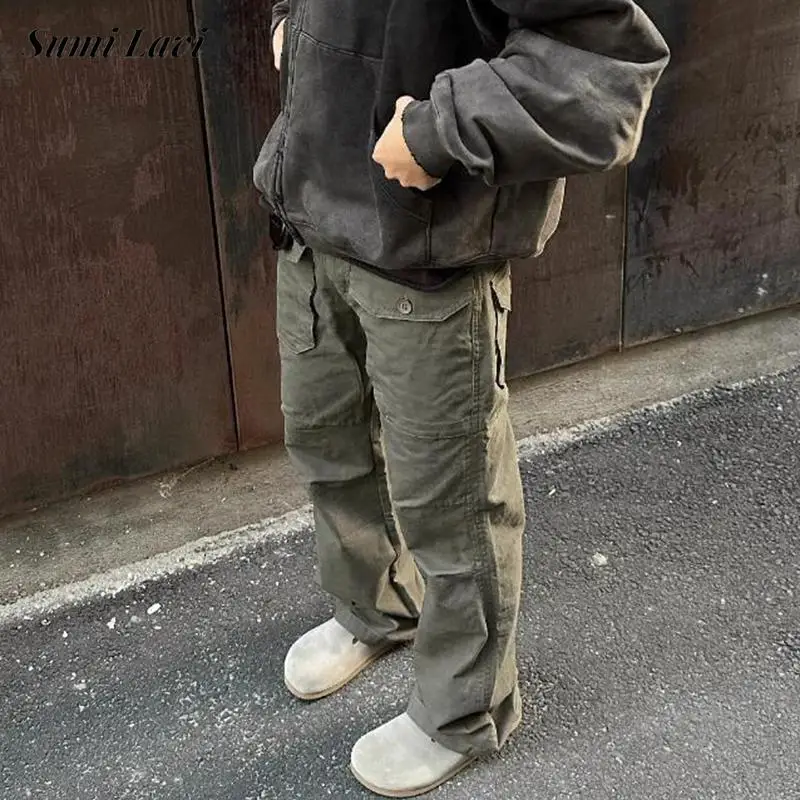 

2024 Spring Fall New Casual Pants Mens Streetwear Fashion Solid Color Patchwork Mutli Pockets Cargo Pants For Men Loose Trousers