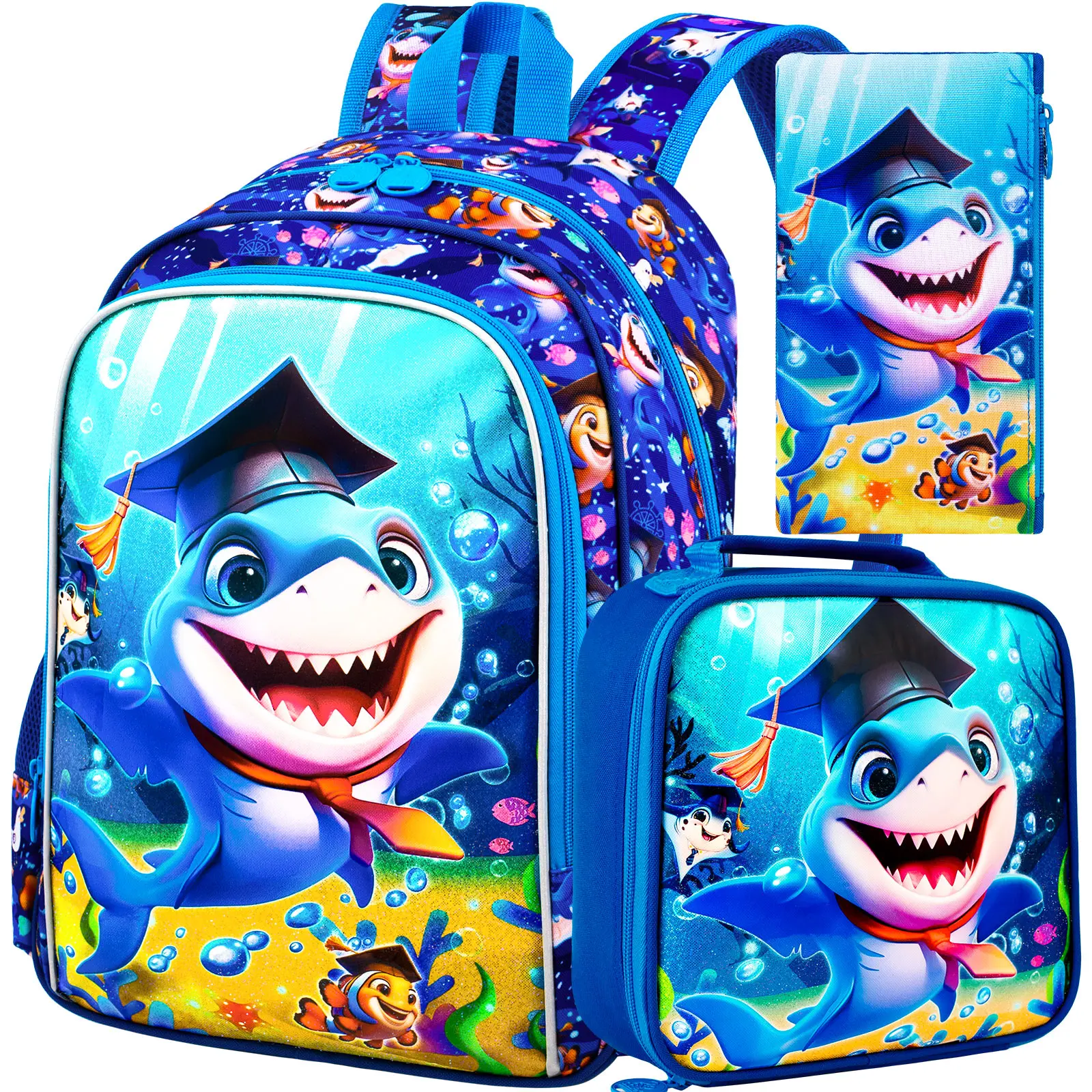 

gxtvo 3PCS Shark Backpack for Boys, 16" Kids Bookbag with Lunch Box, Water Resistant Elementary Prechool Toddler Shool Bag - Blu