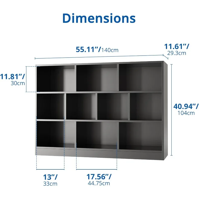 Black Bookshelf, 3-Tier Open Shelf Bookcase, 10 Cube Storage Organizer with Anti-Tilt Device  55.11