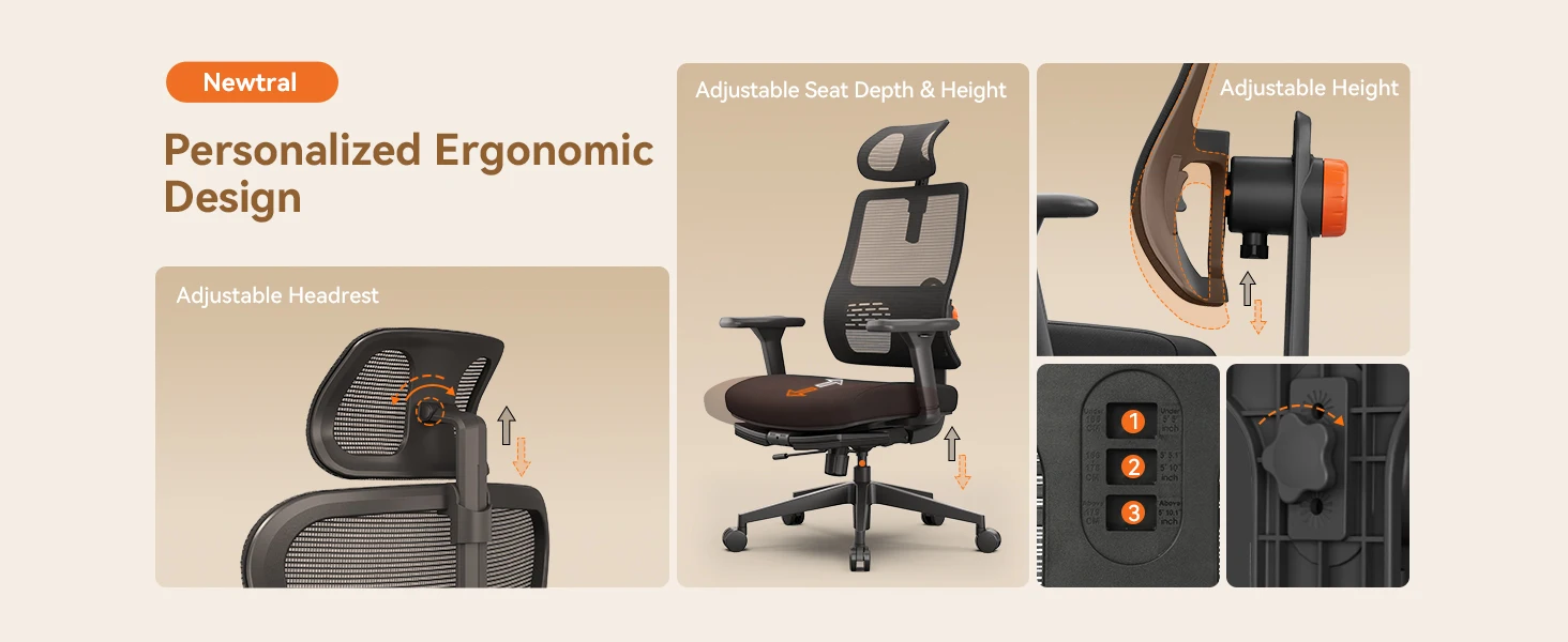 NEWTRAL MagicH-BP Ergonomischer Stuhl mit Fußstütze, automatisch ausgestellte Rückenlehne, adaptive Unterrückenstütze, verstellbare Armlehne, Kopfstütze – Detail 15