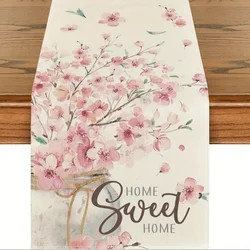 Home Sweet Home Pink Floral Linen Table Runner Holiday Wedding Party Decor Spring Flower Table Runners Dresser Scarf table Decor