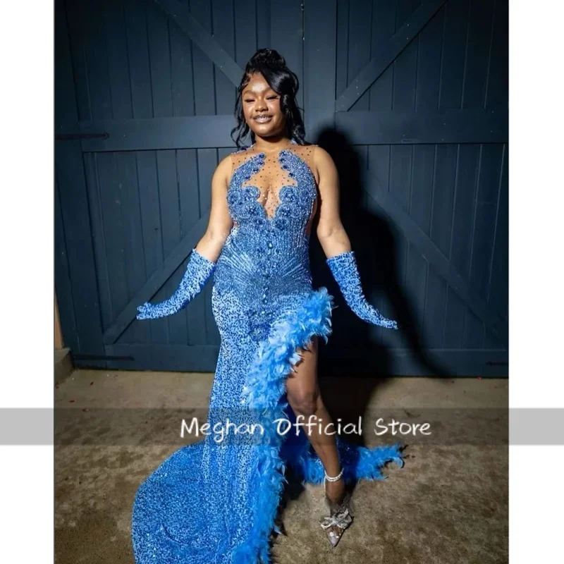 Vestidos largos de graduación con diamantes de lujo, joya personalizada, azul, Sexy, con cuentas, pluma dividida alta, vestidos negros de Reina de boda para niñas, abiye