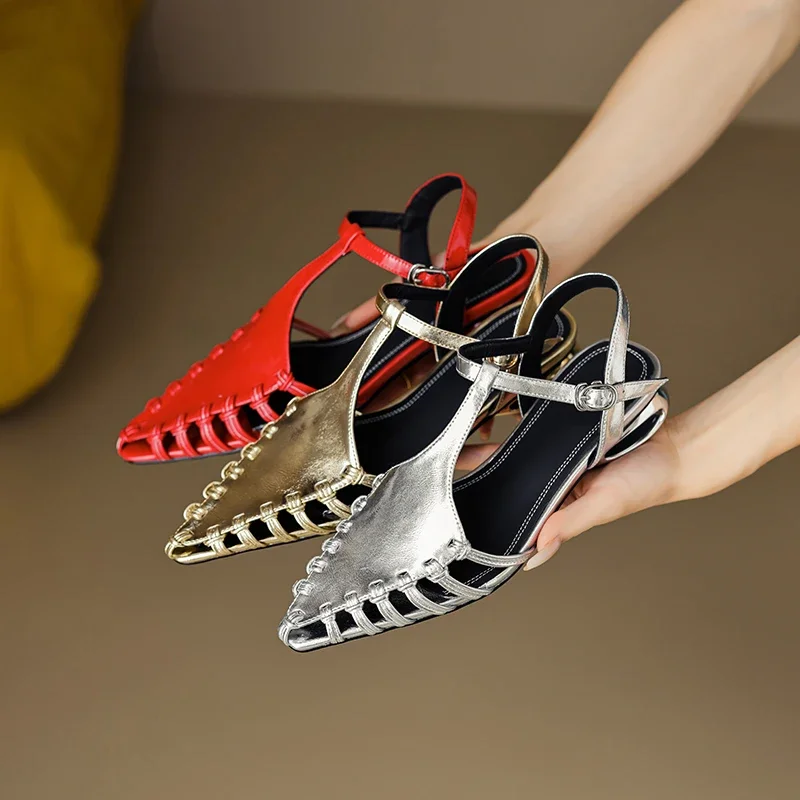 

Dropshipping Brand Design Woven Cutout Roman Sandal Leather Custom Pointed Metal Buckle New Women's High Heel Sandal For Party
