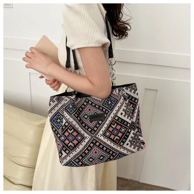 Women\'s Canvas Shoulder Bags Retro Ethnic Handbags Fashion Large Capacity Shoulder Bag Eco Shopper Casual Students Simple Totes