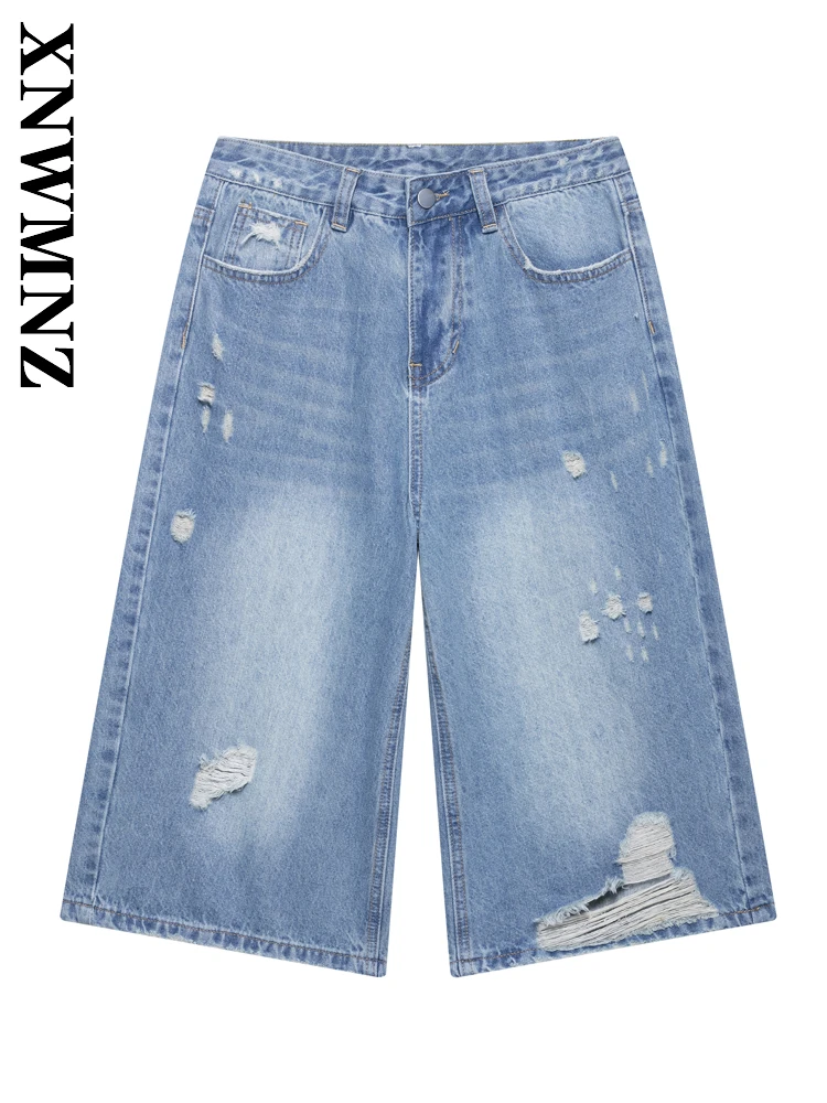 

XNWMNZ 2025 Summer Women Clothing Fashion Casual Button Hole Denim Short Pants Vintage Woman's Blue Jeans Chic Pockets Bottoms
