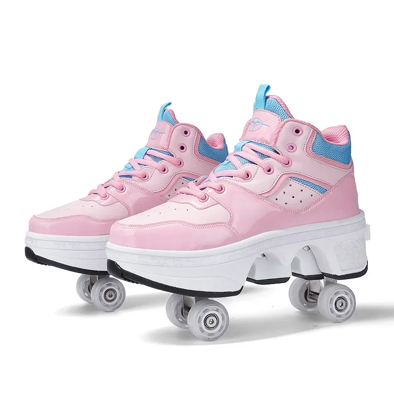 

Deformable Four-wheel Walking Shoes Shrink Convenient High-top Skating Wheel Sneakers Microfiber Comfort Roller Skates